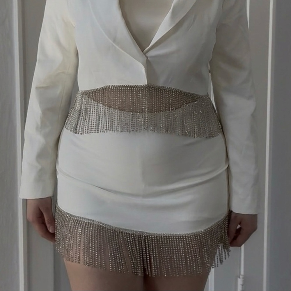 White Mini Skort with Silver Fringe Detailing